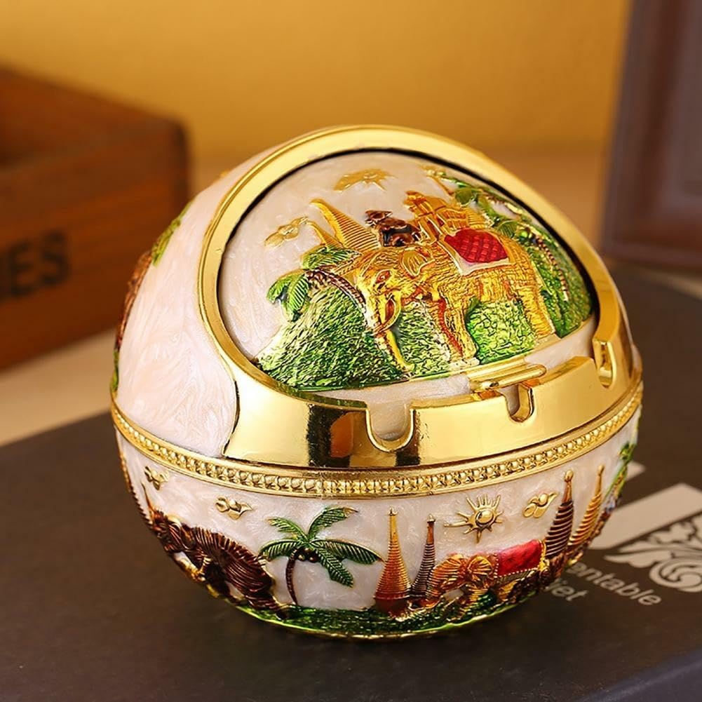Seven Moon Vintage Decorative Windproof Ashtray with Lid for Cigarettes Metal Portable Cigarette Ashtray for Indoor Outdoor Hand Carved Smoking Accessories Gift for Men Women (Meenakari Elephant)-image-35