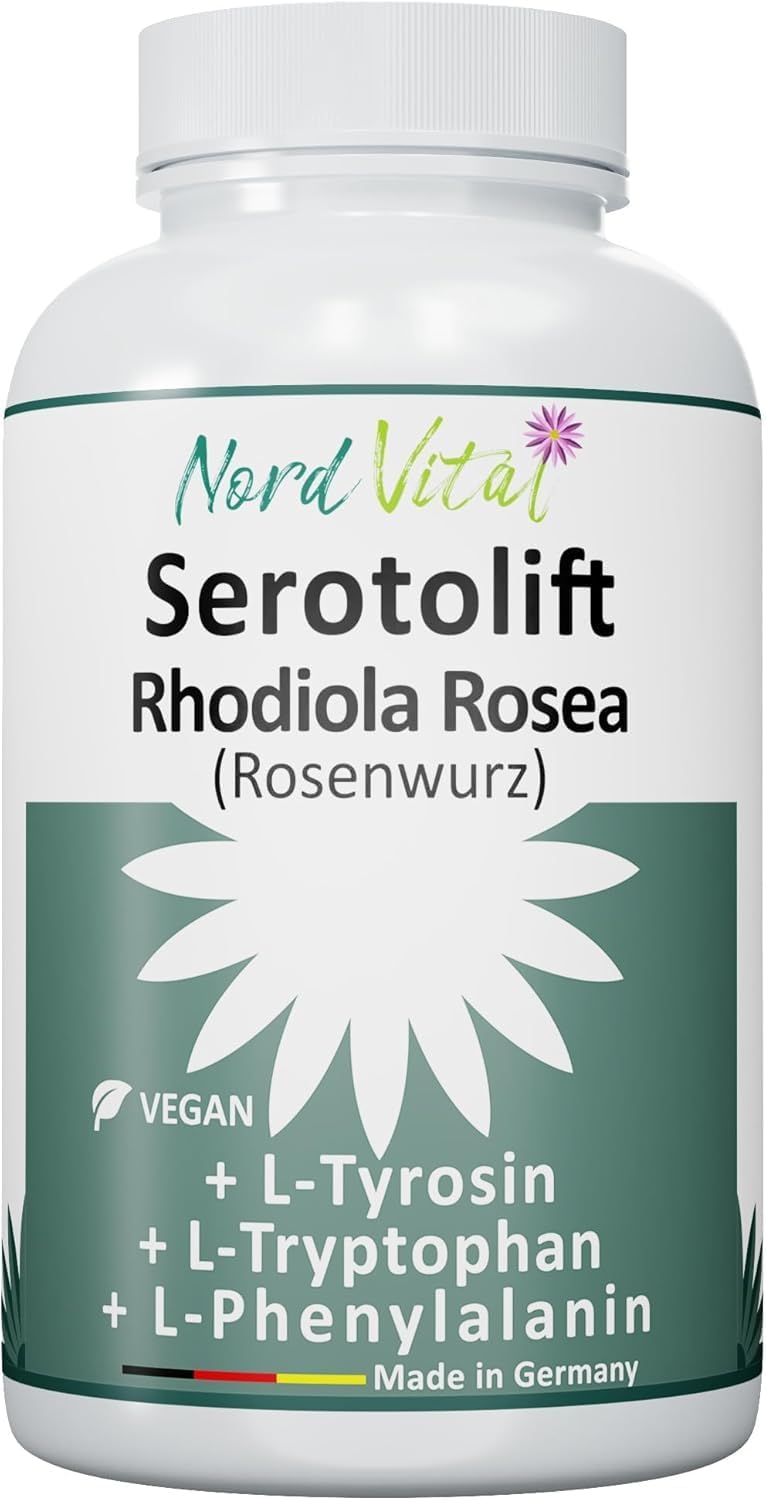 Serotolift® Original – Precursors Serotonin & Dopamine – Rhodiola Rosea, L-Tryptophan, L-Tyrosine, L-Phenylalanine, Chromium, Zinc, Vit. D3, B5, B6, B9, B12 – Vegan – Made in Germany