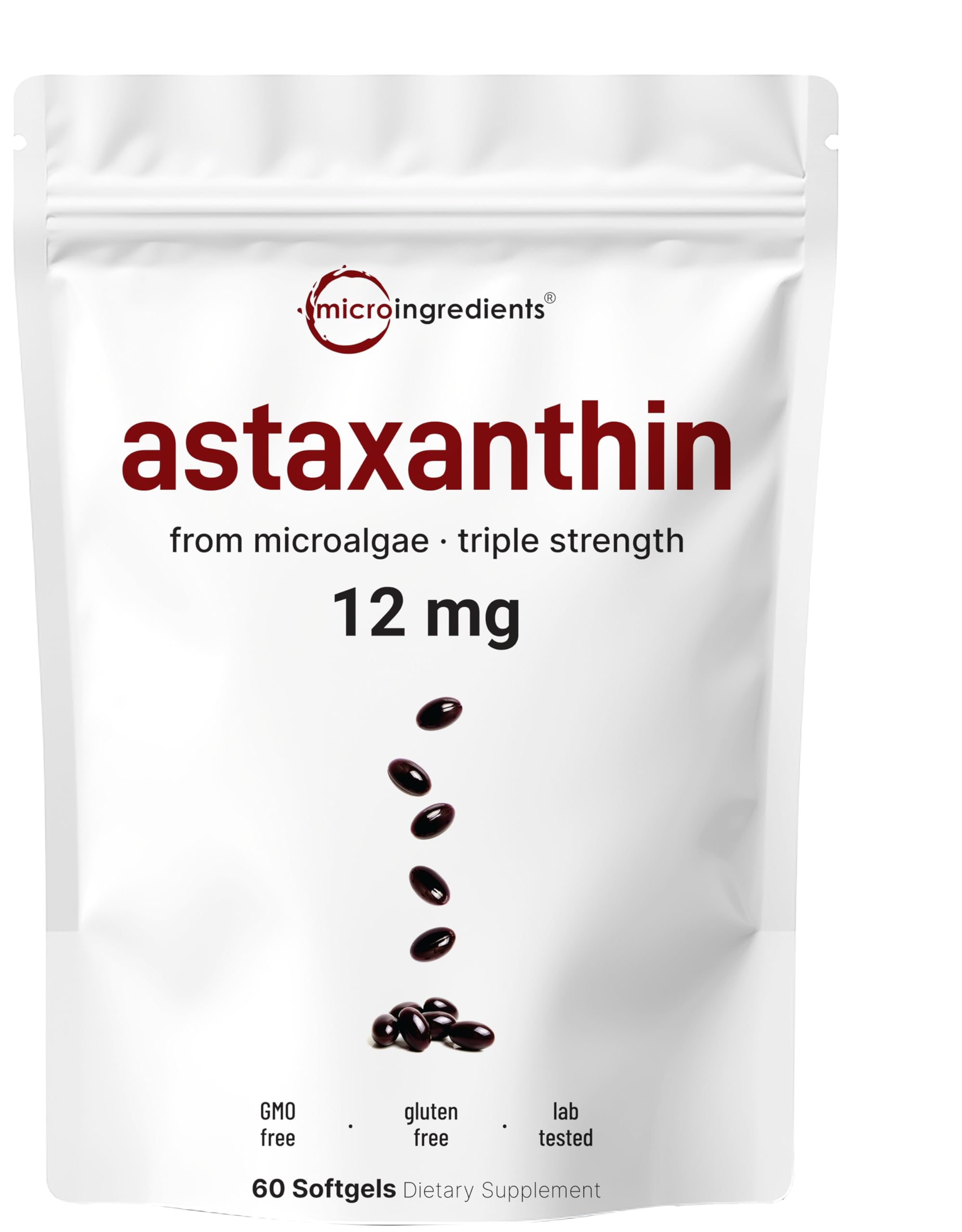 Micro Ingredients Astaxanthin 12mg with MCT Oil, 60 Softgels | Fresh Microalgae Source | Triple Strength, Easy to Swallow, Non-GMO, Gluten Free, Soy Free 60 Count (Pack of 1)