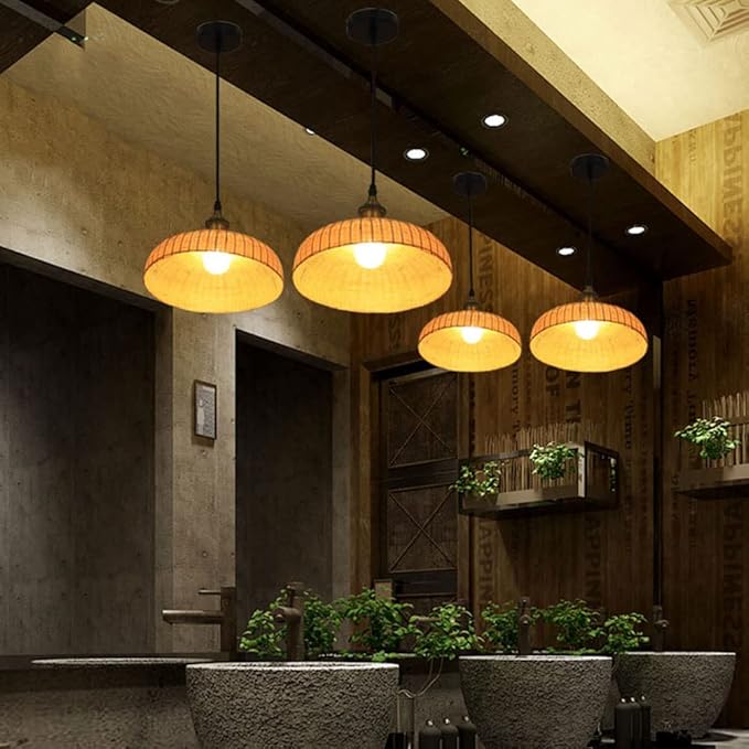 CHUNGYANG Bamboe Lampenkap Hanglamp, E27 Schroef Handgeweven Rotan Hanglamp Retro Japanse Stijl Rieten Kroonluchter Hanglamp Plafondverlichtingsarmatuur voor Restaurant Keuken Eiland Café Bar photo 2