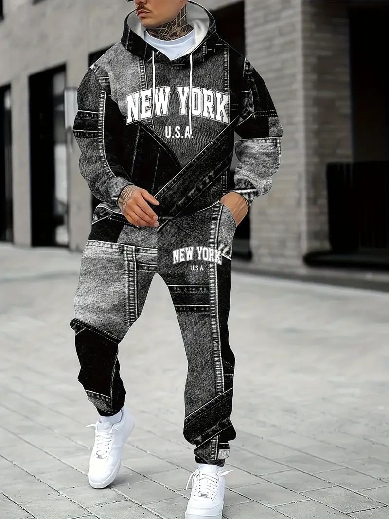 Men's hooded and long pants set 3D printed imitation denim loose sweatshirt sports shirt running pants two-piece set
