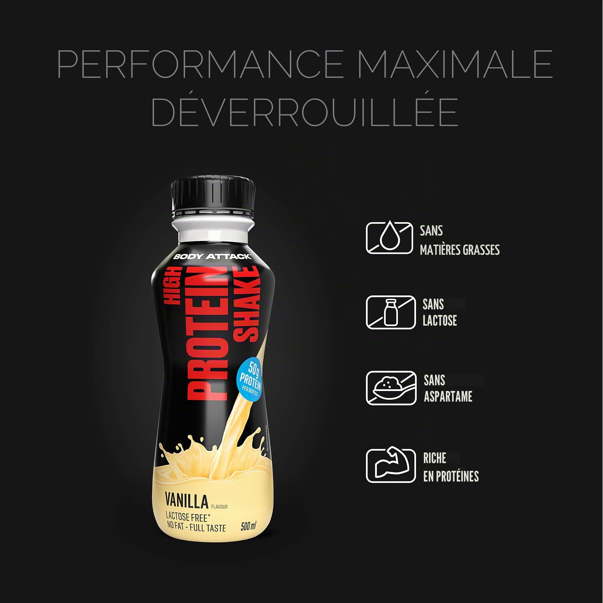 Body Attack Fitness Protein Shake - Boisson protéinée au lait - Milkshake prêt à l'emploi en bouteille de 500 ml, Vanilla (12 x 500ml)