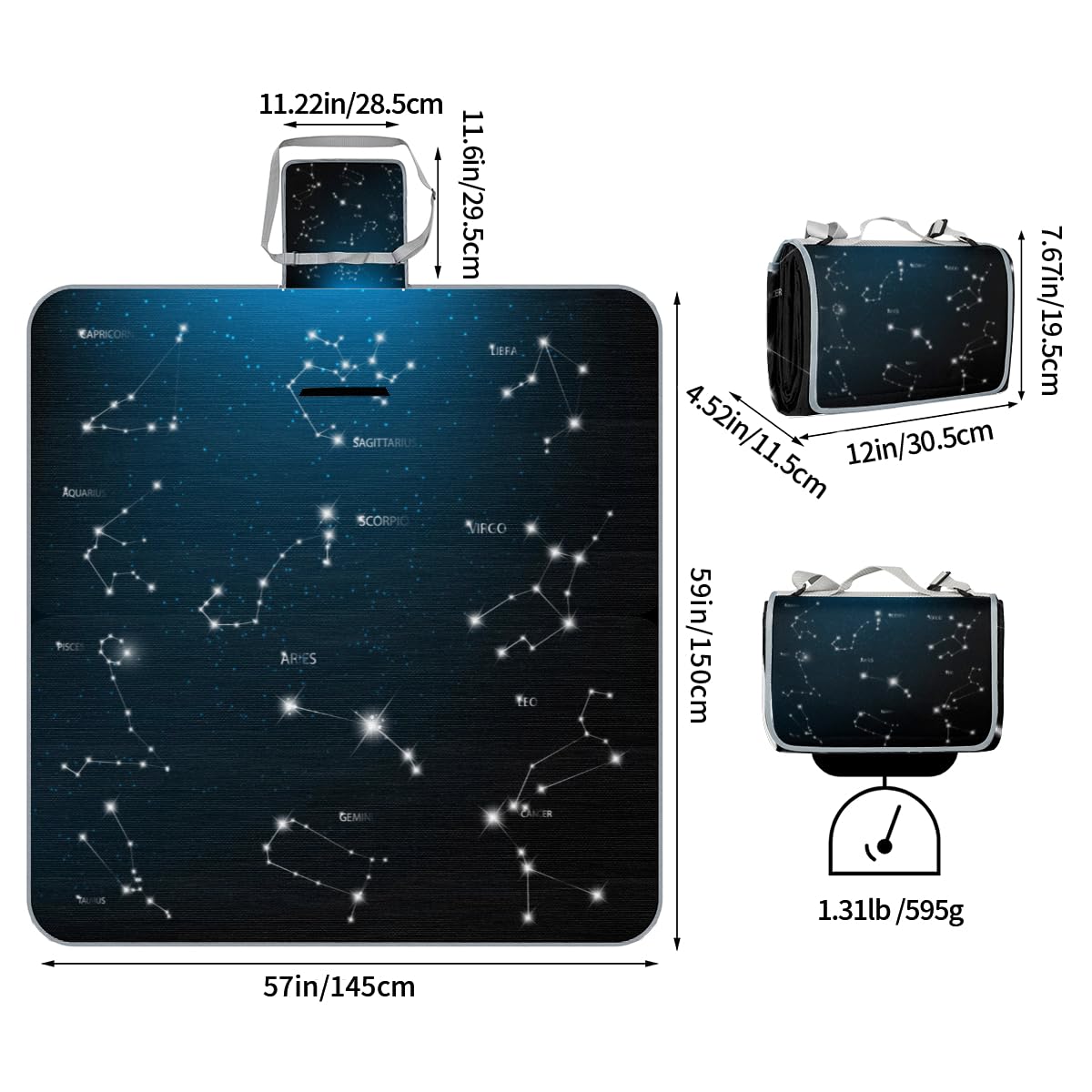 Shimoshe Picnic Blankets 57”x 59”, Galaxy Stars Waterproof Sandproof Picnic Mat Lightweight Foldable Beach Blanket for Camping Park Grass Beach Outdoor Blanket