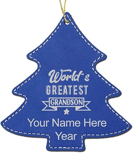 LaserGram Personalized Christmas Ornament, World's Greatest Grandson, Faux Leather, Custom Laser Engraved Gift Idea (Tree Shape, Dark Blue) Dark