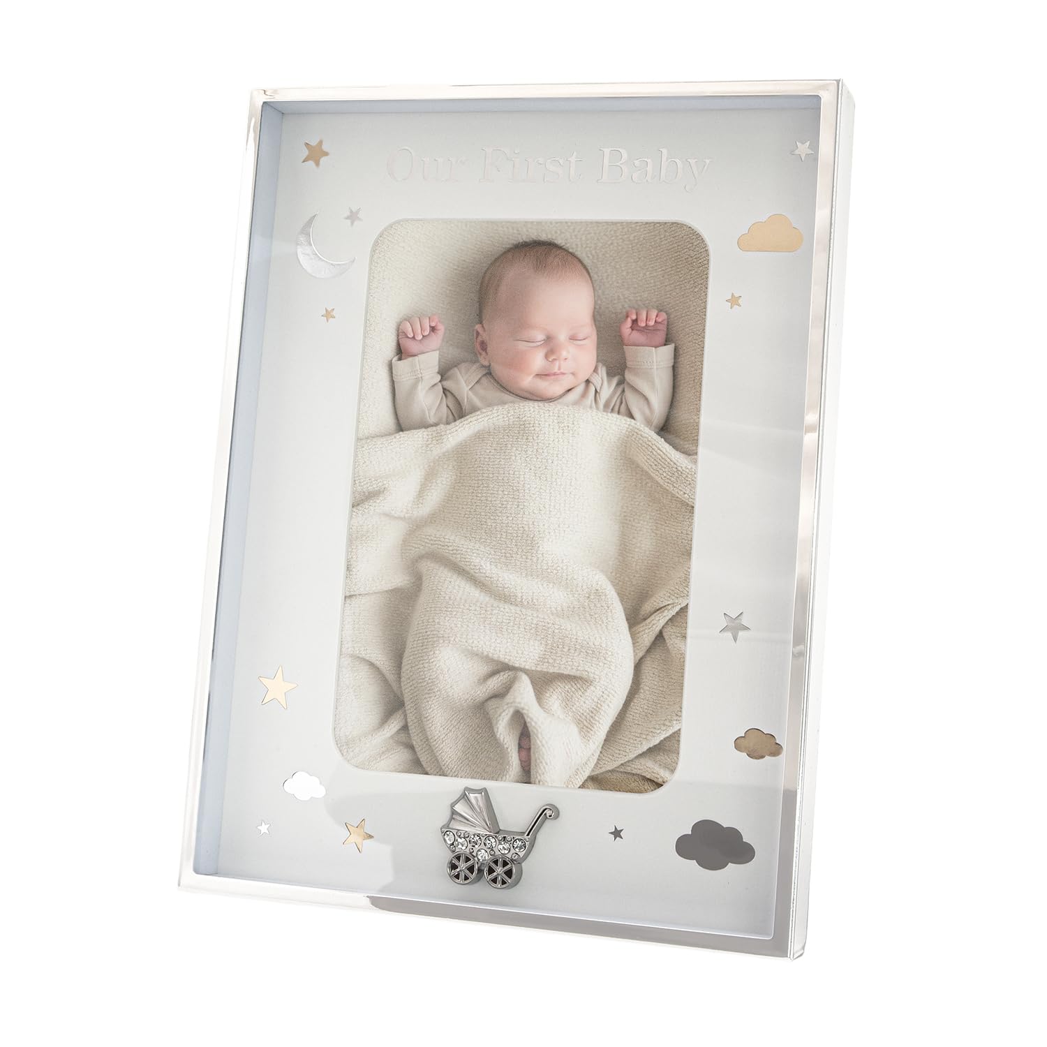 Happy Homewares Our First Baby Silver Plated 4x6 Picture Frame with Gold and Silver Foil Stars and Clouds - Image 3