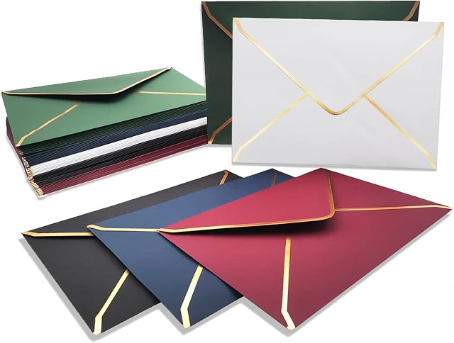 50 Pack Size A7 Envelopes, Luxury Invitation Envelopes 5.31 x 7.28 Inch V-Flap Envelopes Quick Seal with Gold Border for 5x7 Cards, Invitations, Weddings, Photos, Graduation