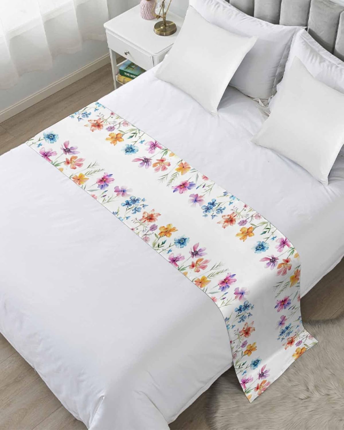 Watercolor Blossom Garden Flower Bed Runners for Bedroom Hotel,Decorative Bedding Scarf Spring Floral on White Bed End Blanket Bedding Runner Scarves for Full Size Bed,83x20in