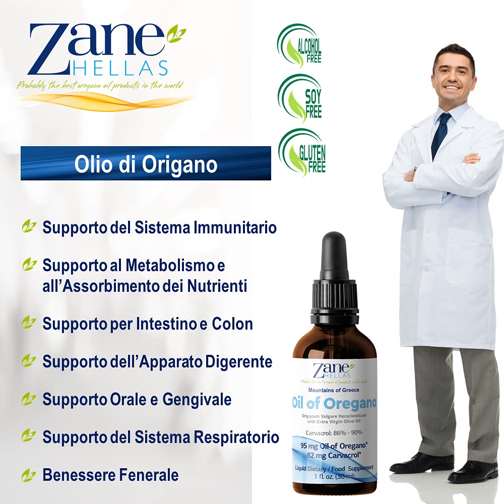 Zane Hellas 50% Olio di origano. Puro Olio Essenziale Greco Puro di Origano .86% Carvacrolo Min. 82mg Carvacrolo per porzione.1fl.oz.- 30ml