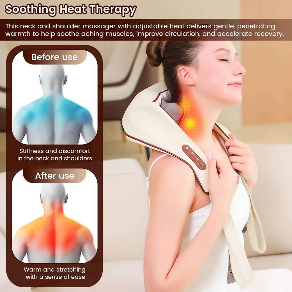 Massaggiatore per collo e spalle con calore, massaggiatore Shiatsu profondo per alleviare il dolore, massaggiatore senza fili per dolori muscolari a schiena, gambe e spalle