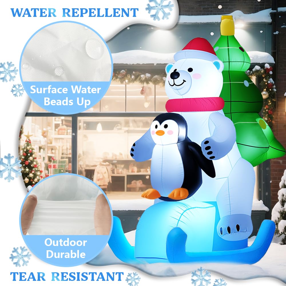 GARIG Ours blanc gonflable de Noël de 2,1 m avec pingouin - Décorations de jardin gonflables avec LED intégrées pour fête en plein air, cour, jardin