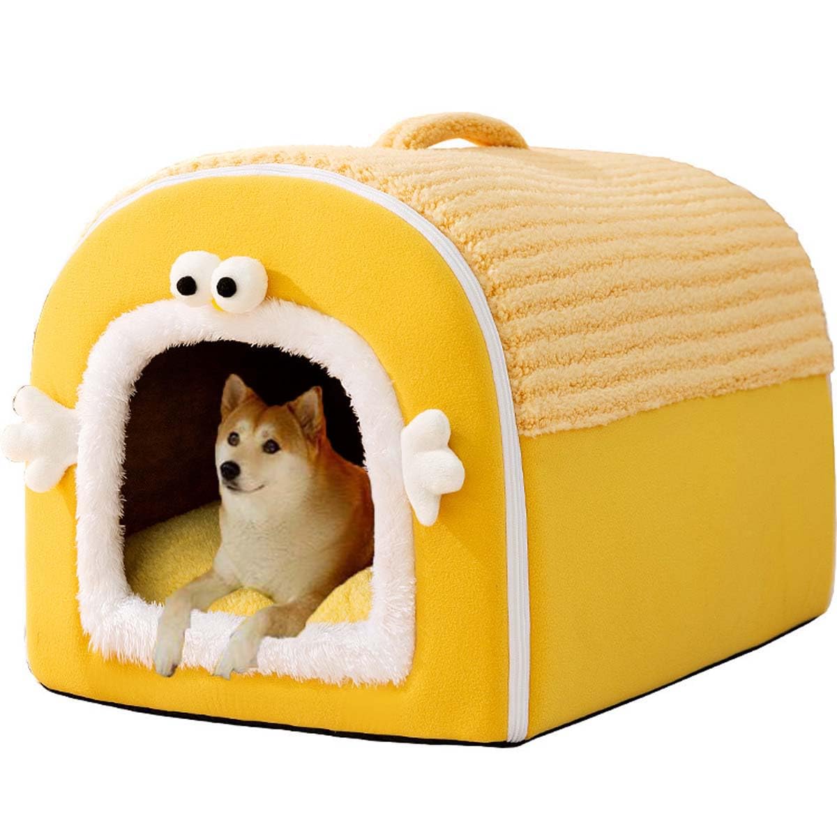 Monbaer Dog Cave House Self-Warming 2-in-1 Foldable Pet Bed for Cats and Small Medium Large Dogs, Anti Anxiety Soft Warm Dog Removable Cushion Pet Calming Bed (L:75x50x50cm,Yellow)
