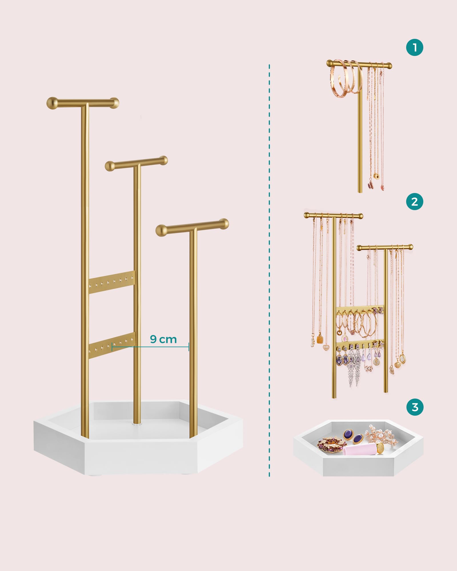 SONGMICS Présentoir Bijoux 2-en-1 Rustique - 3 Barres Réglables + Plateau Bois, Marron/Blanc