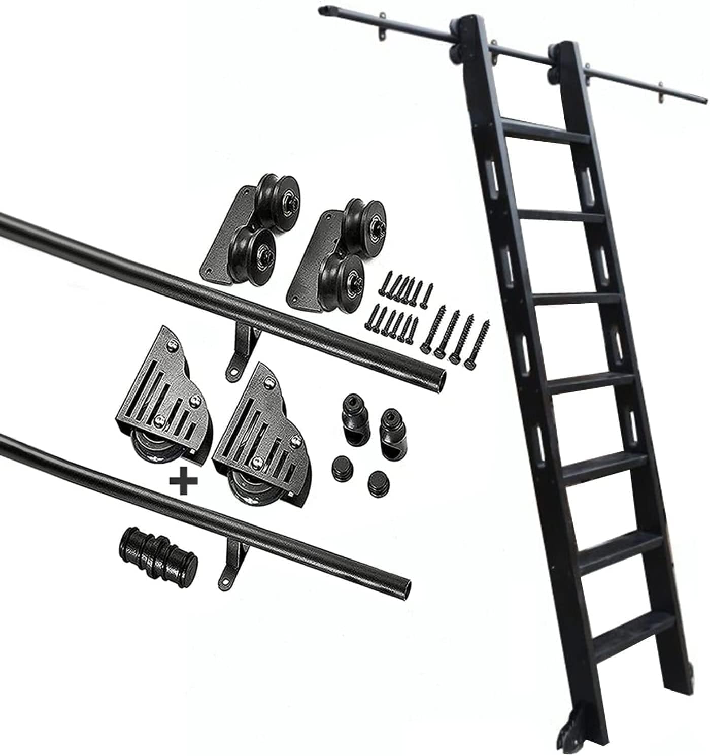 Rolling Ladder Hardware Library Sliding Ladder Hardware Kit, Round Track/Rail, with Floor Roller Wheels, Round Tube Mobile Ladder Tracks，10ft/300cm Track kit