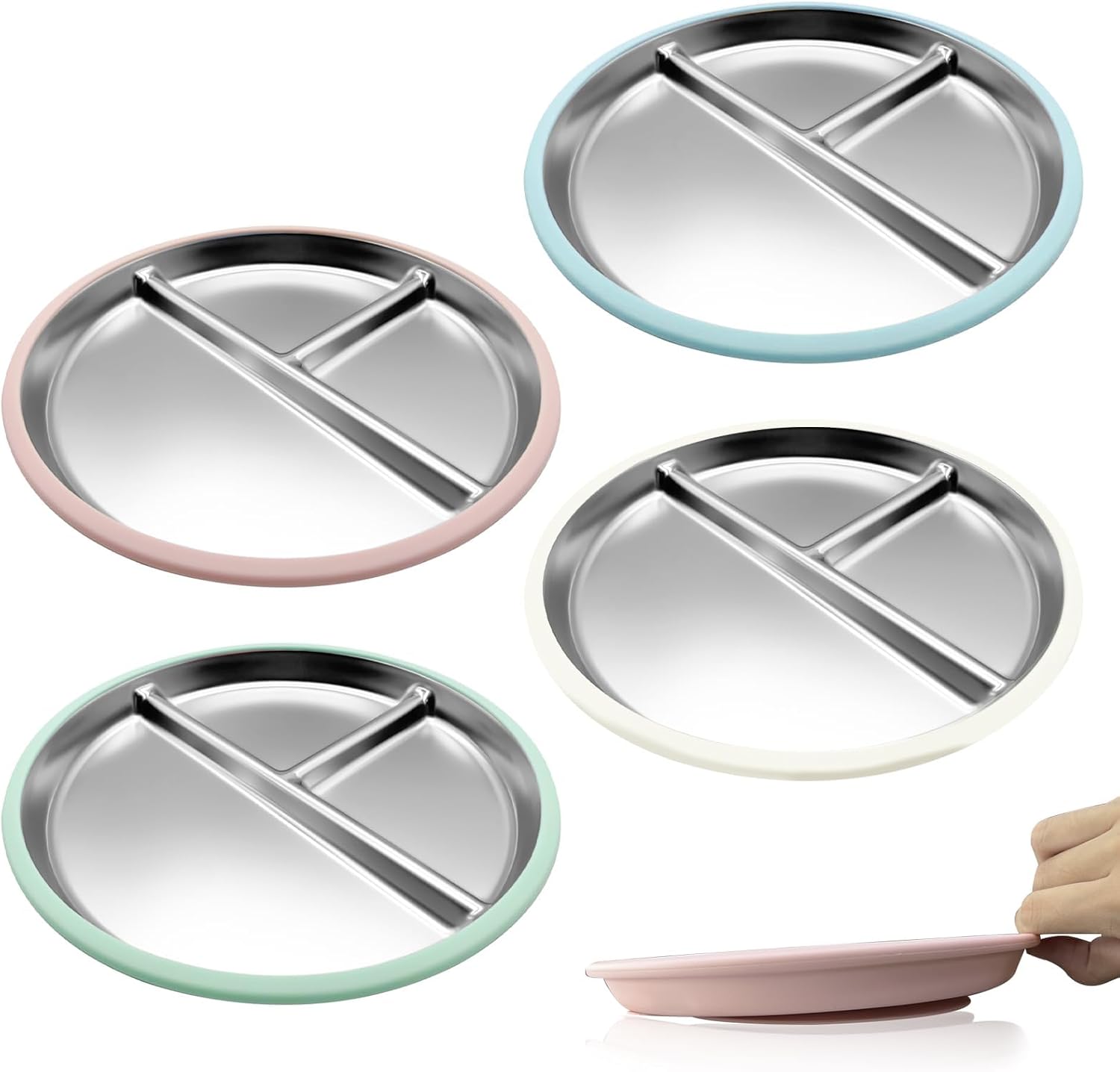 4-Pack Stainless Steel Baby Suction Plates, 9-Inch Divided Toddler Plates with Extra-Large Non-Slip Silicone Suction Base | Baby, Toddler, Kids| Dinner & Snack Plates | Dishwasher Safe