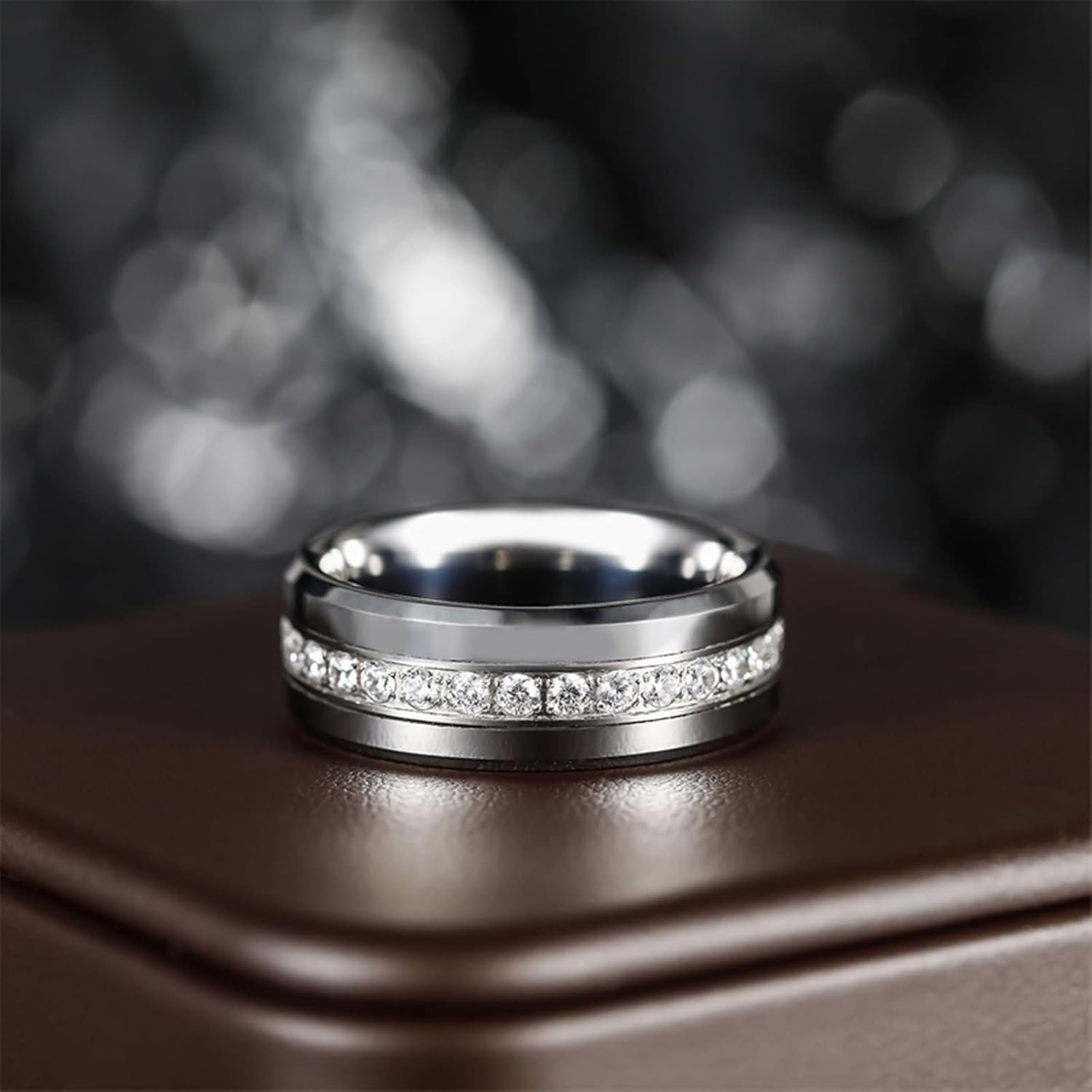 Engrave Mens Tungsten Wedding Ring, 8MM Round with Cubic Zirconia, Wedding Bands Men Black image 3
