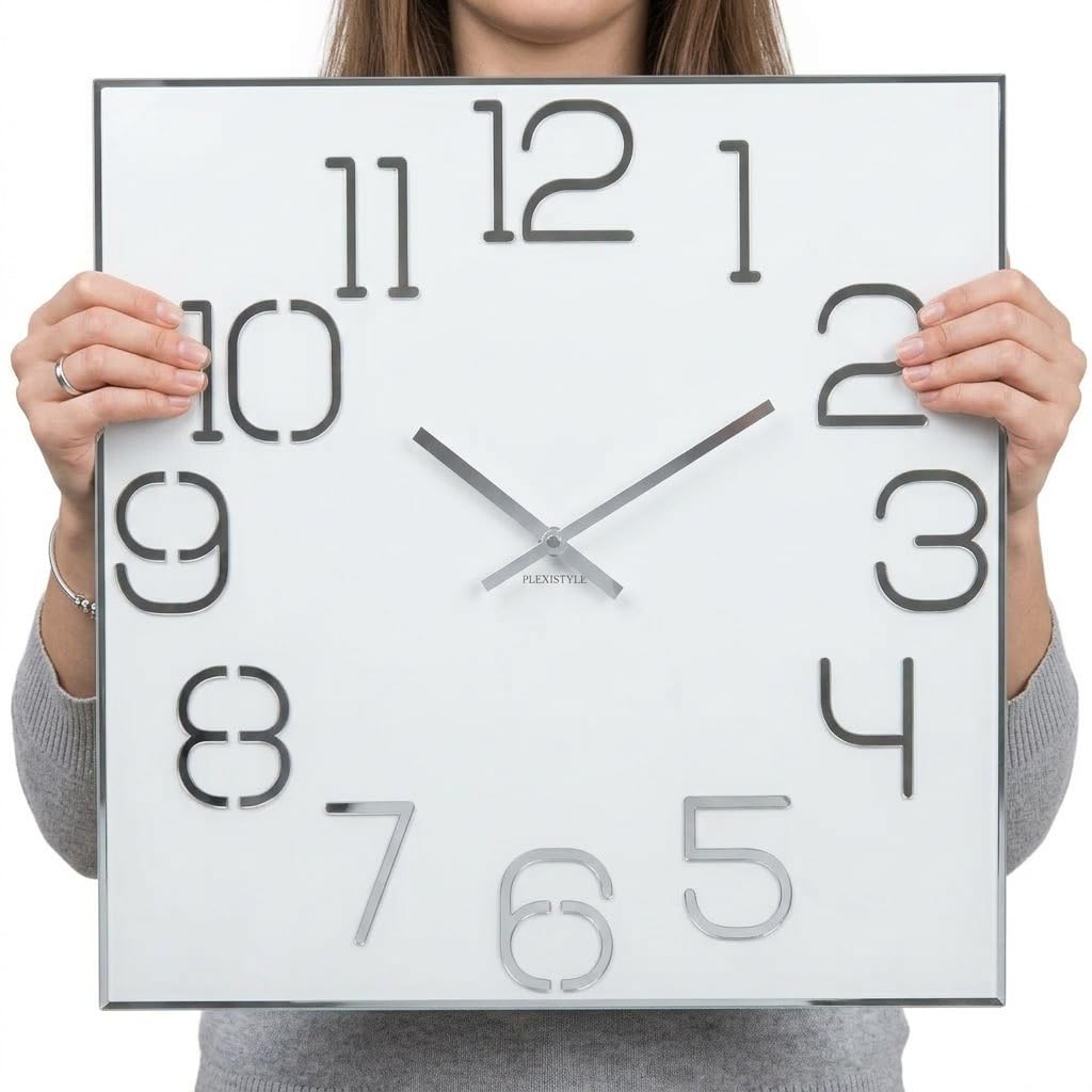 FLEXISTYLE Wanduhr groß 50cm weiß Holz modern lautlos ohne Tickgeräusche Zahlen Design Wanddekoration Wohnzimmer Küche Büro Badezimmer Elegante große wall Clock minimalistisch