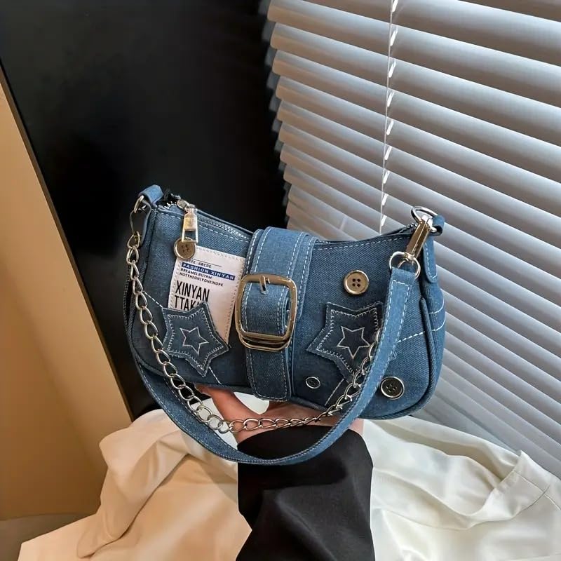 Image of Kawn Denim Shoulder Bag for Women, Canvas Aesthetic Crossbody Bag, Lightweight Hobo Handbags, Retro Messenger Bag for Teen Girls, Casual Style Jeans Purse for everyday Use with Zipper Pockets