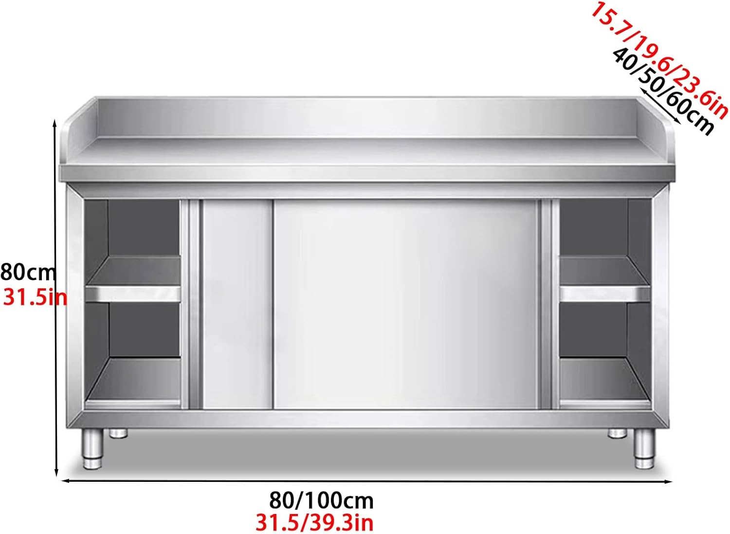 Stainless Steel Work Table Kitchen Prep Table, Food Prep Worktable, Single Pass Kitchen Worktop Storage Cabinets, Commercial Workbench with Sliding Doors and Backsplash, for Kitchen(80x40x80cm)
