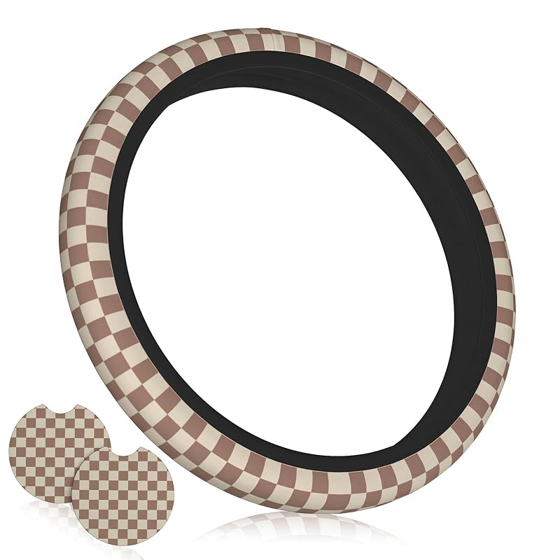 Capa para Volante Xadrez Checkered K em Borracha, 38,1 cm (15 pol.), com 2 Porta-Copos, Generic, 3 Peças