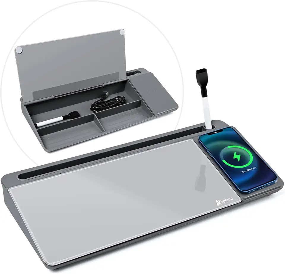 Varhomax Quadro branco de mesa de vidro com carregador sem fio, quadro branco apagável a seco com armazenamento, bloco de notas para lista de tarefas para casa e escritório (cinza)