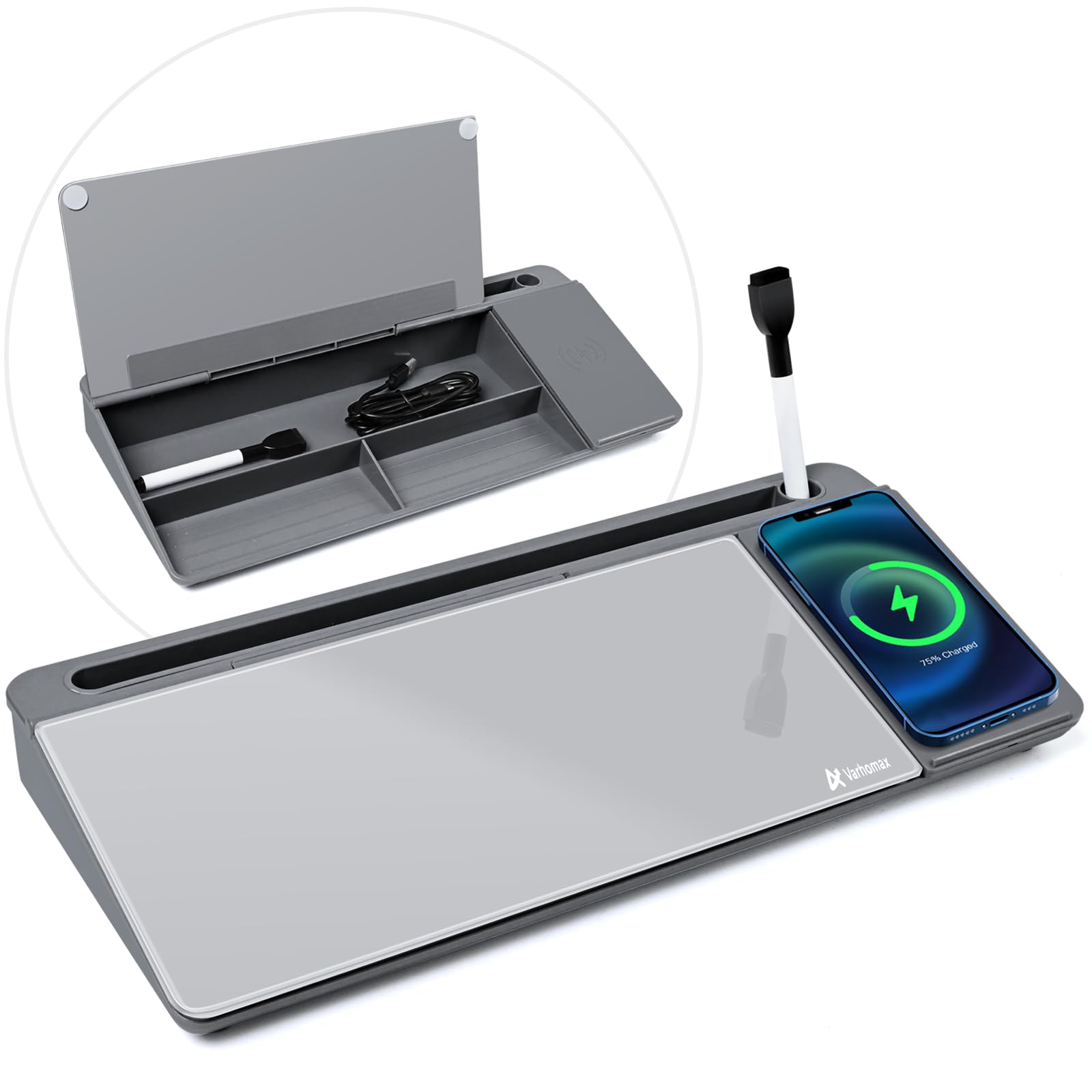 Varhomax Glass Desk Whiteboard with Wireless Charger, Desktop Dry Erase White Board with Storage, to Do List Memo Notepad for Home and Office (Gray)