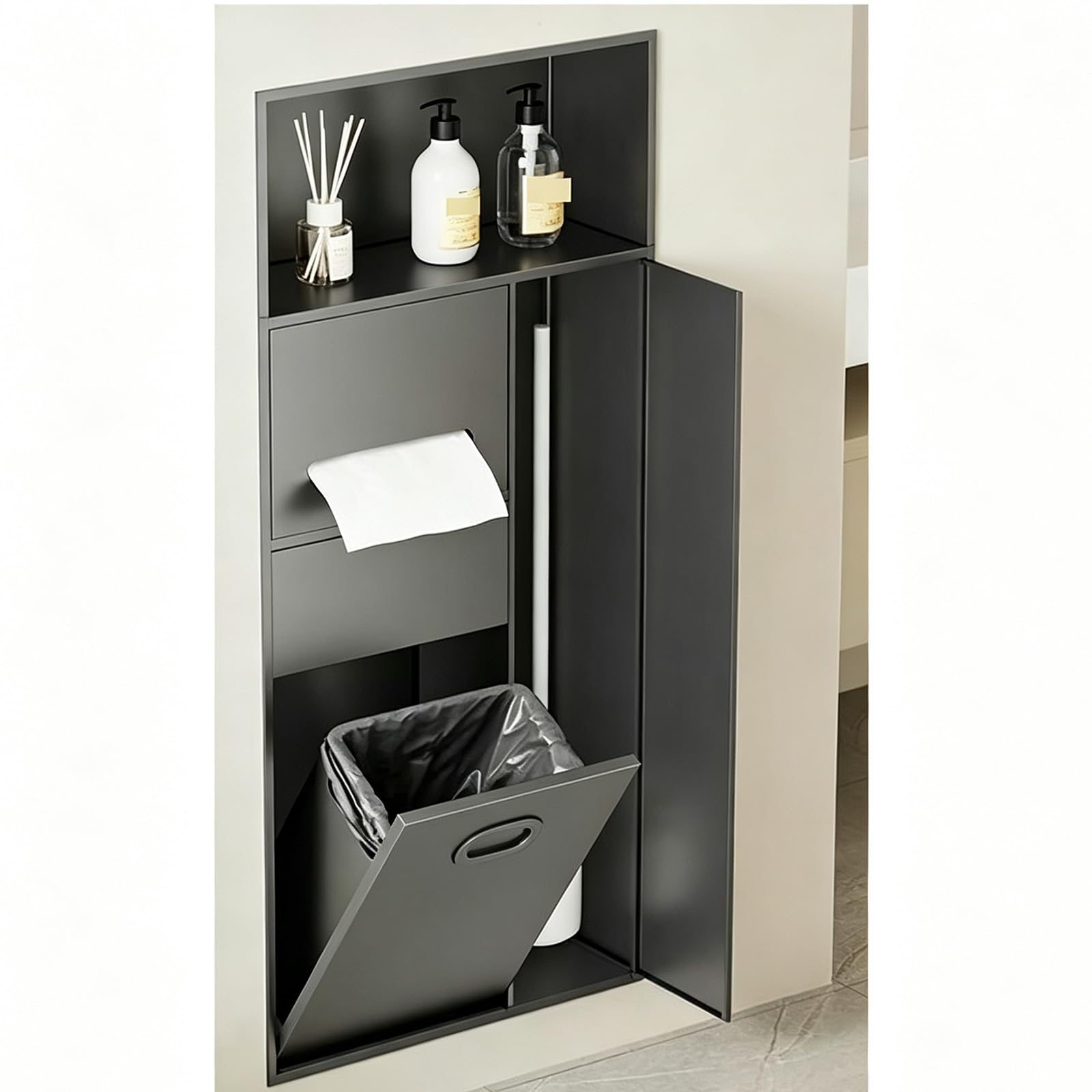 Unterputz 3-in-1Toilettenpapierhalter mit mülleimer Schrank, Toilettenbürstenhalter, integrierte Badezimmerwand, Edelstahl 304, kachelbarer versteckter Stauraum,A