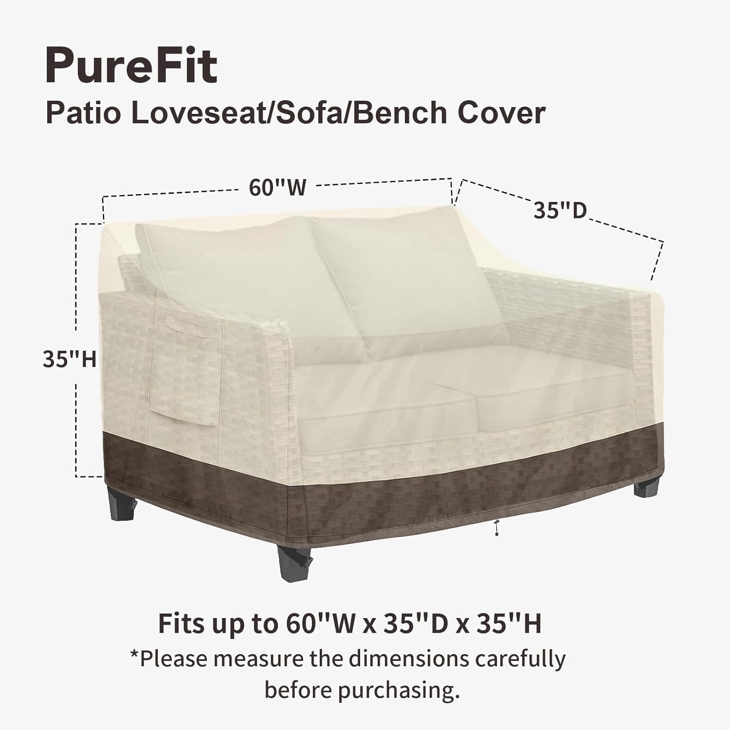 PureFit Outdoor Couch Cover Waterproof Patio Sofa Furniture Covers, 2-Seater Outdoor Loveseat Cover with Air Vent and Handles, 60W x 35D x 35H Inches, Beige/Brown
