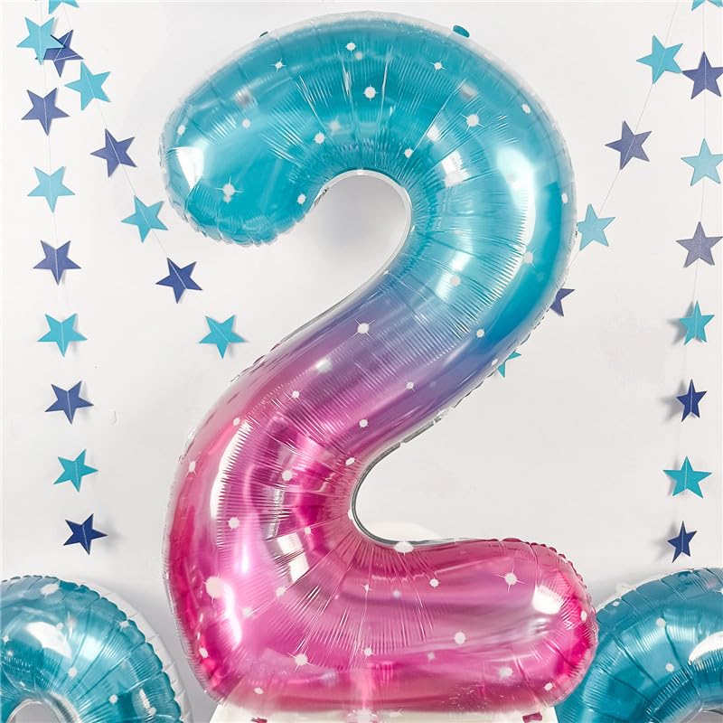 Image of Mermaid 2 Balloons, 40 Inch Giant Rainbow Starry Helium Mylar Foil Number 0-9, Purple Teal 2nd Birthday Balloon for Girls, Blue Pink Morados Numero Two Balloons for Women Anniversary Party Decorations