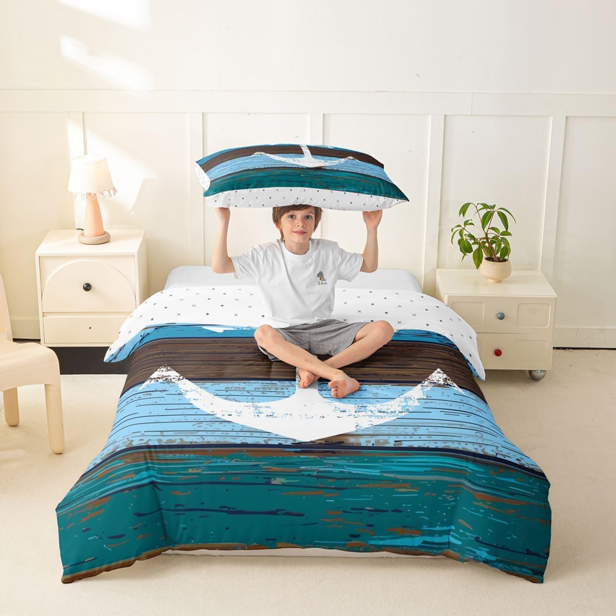 Feelyou Anchor Duvet Cover Set Nautical Theme Bedding Set Vintage Timeworn Weathered Wooden Planks Rustic Comforter Cover Soft Luxury Bedspread Cover with 2 Pillowcase 3Pcs Bedding Full,Blue