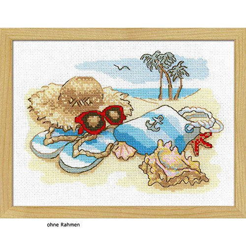 Image of RIOLIS Holiday by the Sea - Counted Cross Stitch Kit - 9 inch x 7 inch Zweigart 14ct, white AIDA 12 Colors
