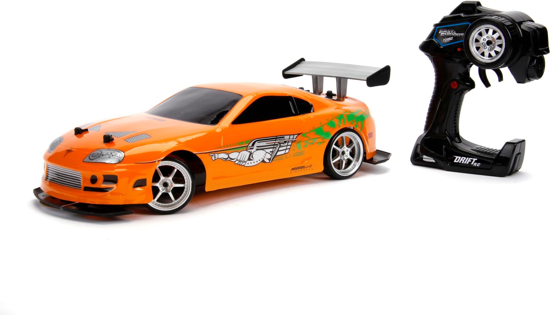 Jada Toys 253209003 Fast & Furious RC 1995 Toyota Supra, Turbo, Drift Wheel Drive, Car, 2 Channel Radio Remote Control, USB Charging Function, 4 Spare Tyres, Includes Batteries, 1:10, Orange