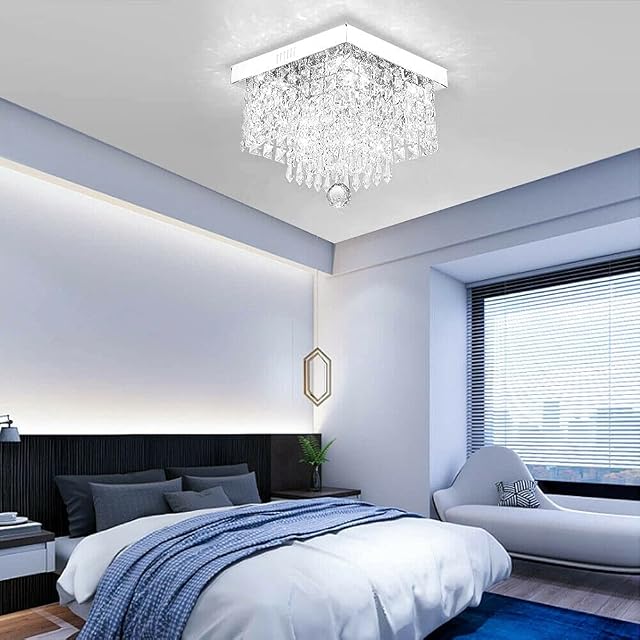 Jasni Luxury Crystal LED Chandeliers Modern Square Raindrop Flush Mount Ceiling Light Fixtures Lighting Pendant Lamp for Bedroom,Living Room Closet Foyer (White Light, 20CM/8 inch)