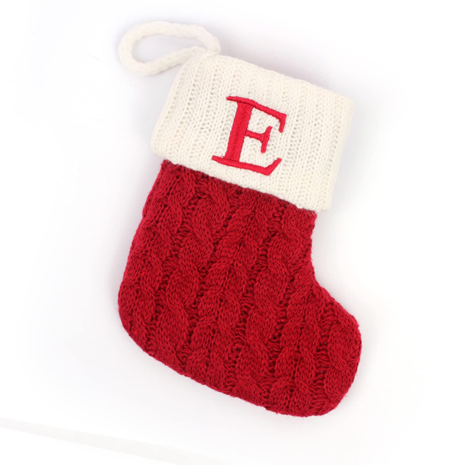 Initial Letter Christmas Stocking White Snowflake Knitted Christmas Tree Stockings Decorative Sock Hanging Ornament for Mantel Fireplace (Red E, 7inch)