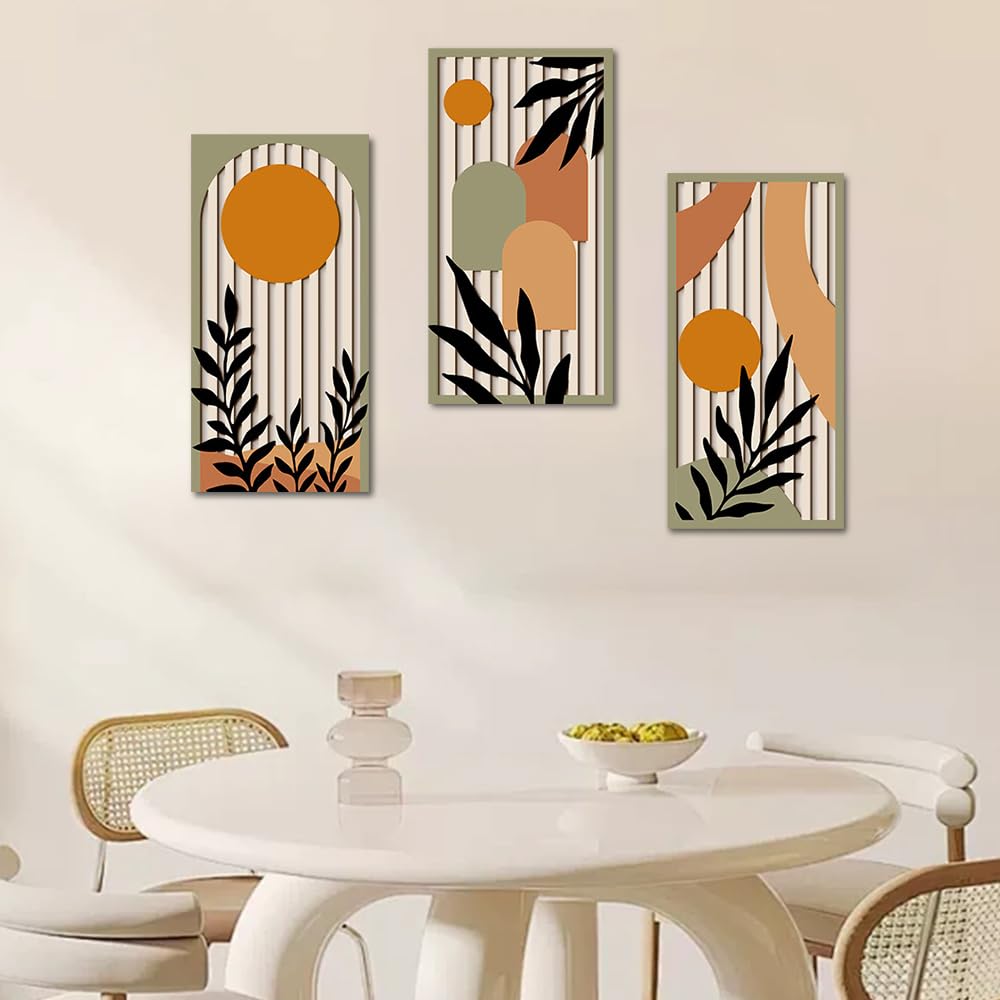 KiKiHong Décoration Murale en Bois Set de 3,Deco Murale Bois,Tableaux Murs en Bois Motif Plantes & Géométrique Moderne pour Salon Chambre Entrée Galerie 40 x 20 cm