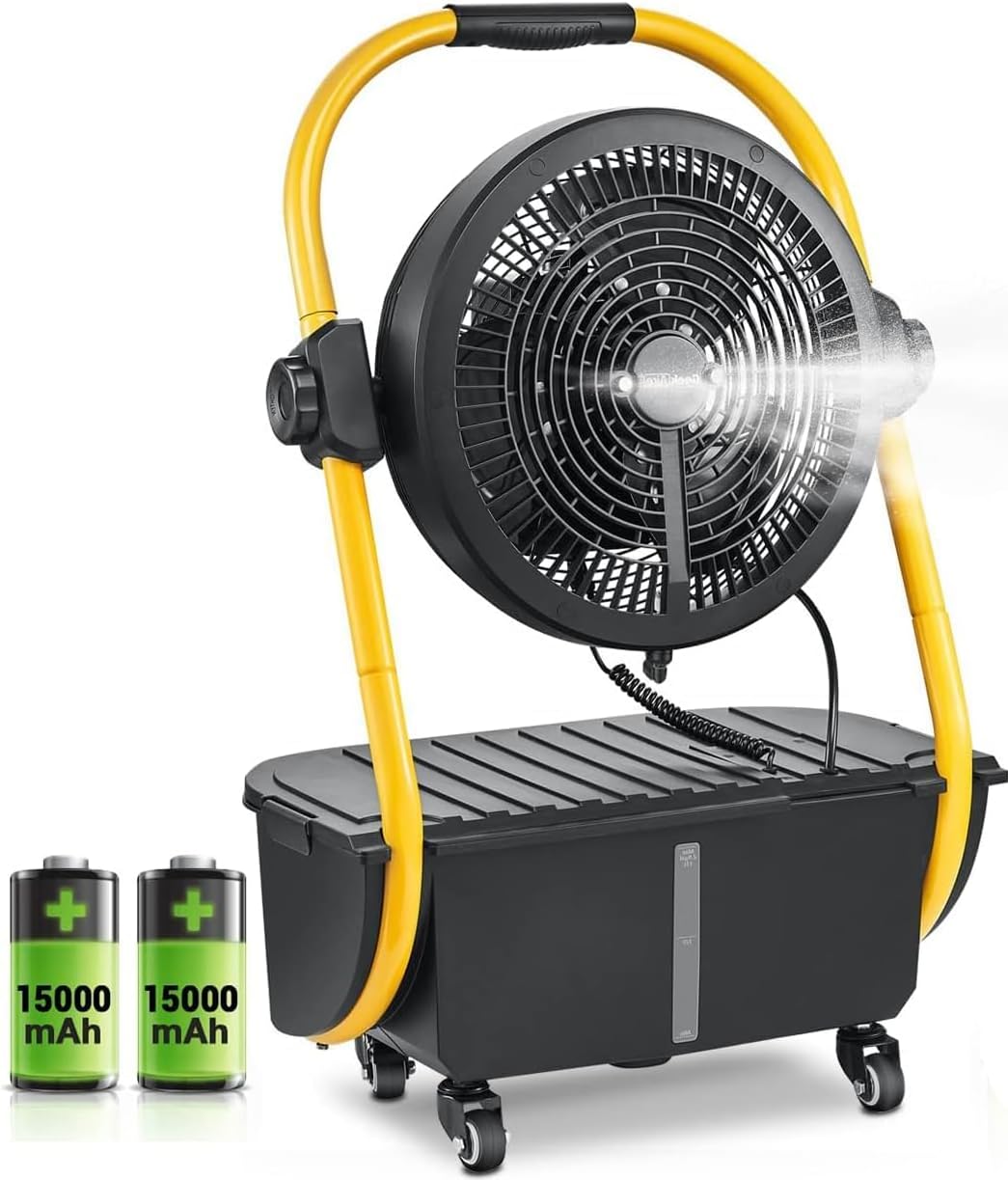 30000mAh Battery Operated Misting Fan, Rechargeable Outdoor Floor Fan with 2.9 Gal Water Tank, Powered Waterproof Long-Lasting Battery Run for Patio, Garden, Lawn, Camping Gear Accessories
