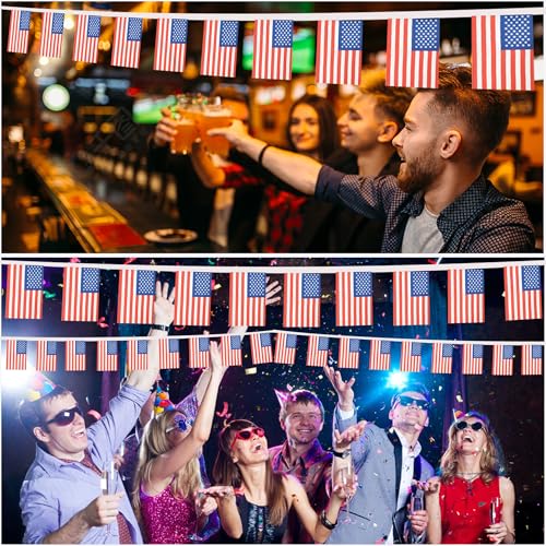 Image of 2 Pack American Flag Banner String Small Mini 66 Feet 60 Pcs USA Hanging Flags Memorial Day Veterans Day 4th of July Decoration