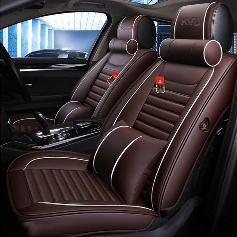 KVD AUTOZONE Heavy Nappa Leather Luxury Car Seat Cover Compatible with Mahindra Xuv 500 Coffee + White Free Pillows and Neck Rest Set (5 Year Warranty) - Dz016/41-image-47