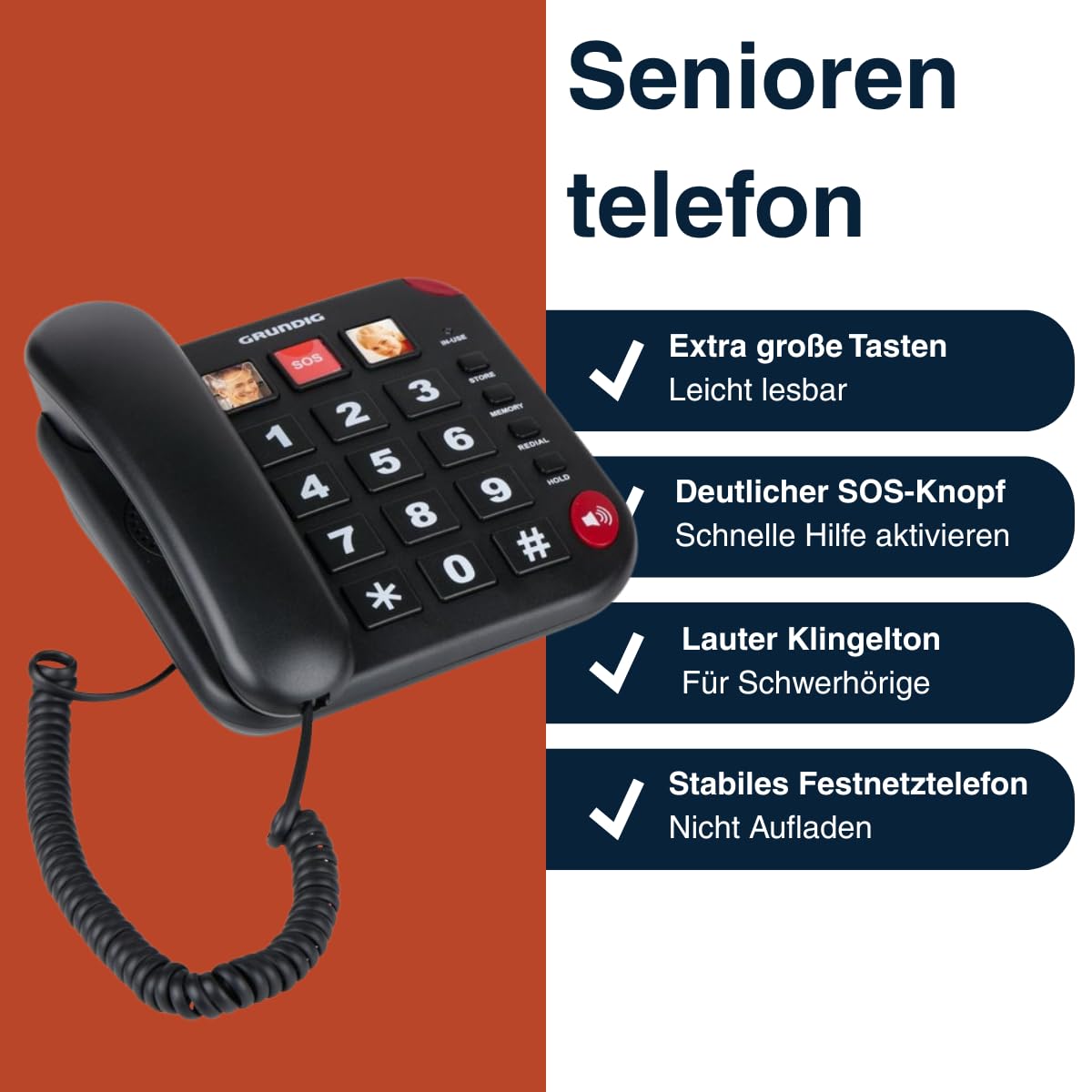 Grundig Telefon Senioren - Festnetztelefon Senioren mit großen Tasten - Seniorentelefon Festnetz mit Foto-Schnelltasten - Telefon Festnetz - Lautsprecher und SOS-Taste - Schwarz