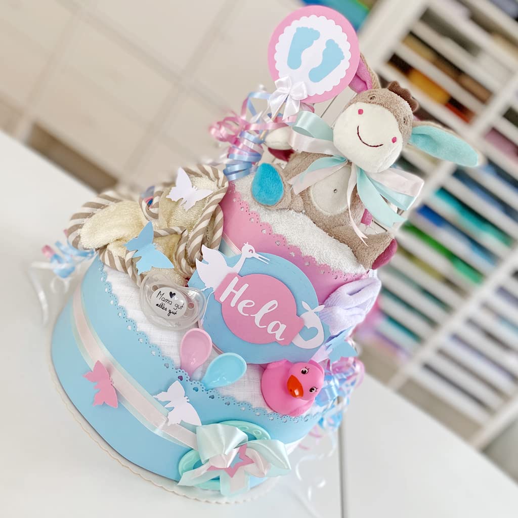 Gâteau de couches neutre 2 étages bleu-rose XL Cadeau de naissance