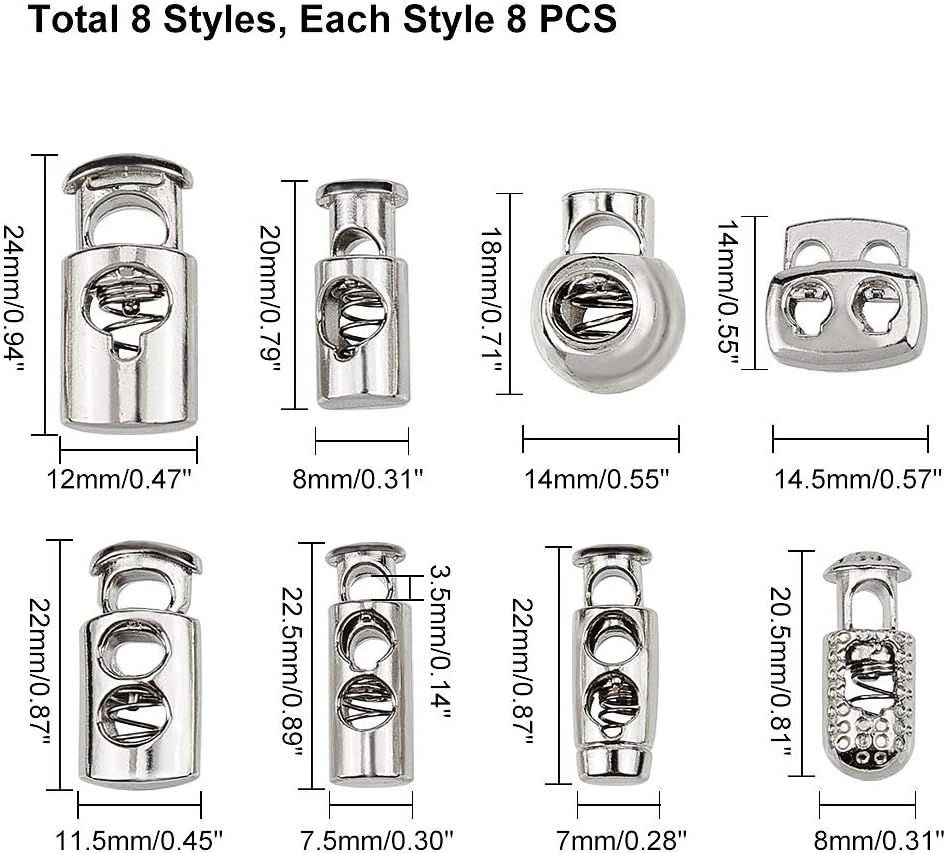 PandaHall 64pcs 8 Styls Metal Alloy Spring Fastener Cord Lock Toggle Stopper Toggle Stopper for Drawstrings - Image 2