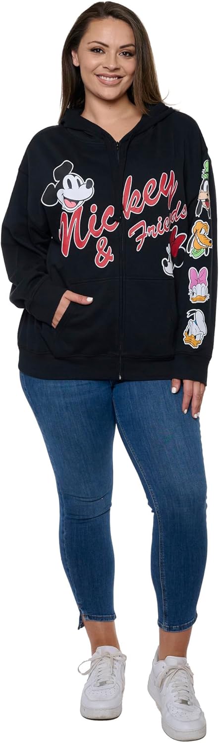 Disney Mickey Mouse Women's Zip Hoodie Black Fleece Sweatshirt Daisy Goofy Donald Pluto