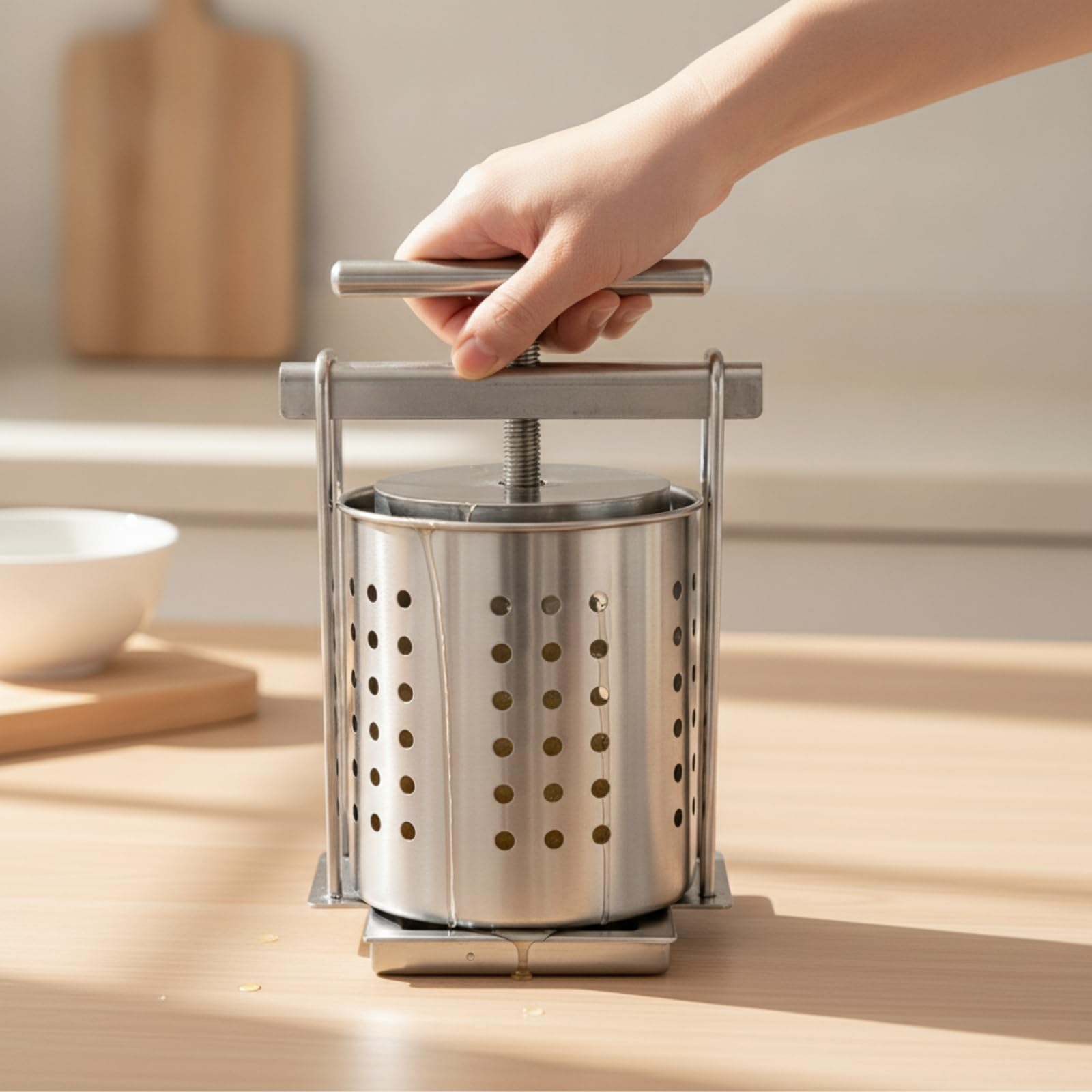 Presse-Fruits avec Vis Filetée En Acier Inoxydable Presse à Jus avec Panier Perforé Manuel Pressoir pour Cuisiniers Amateurs, Cuisine, 1.5L