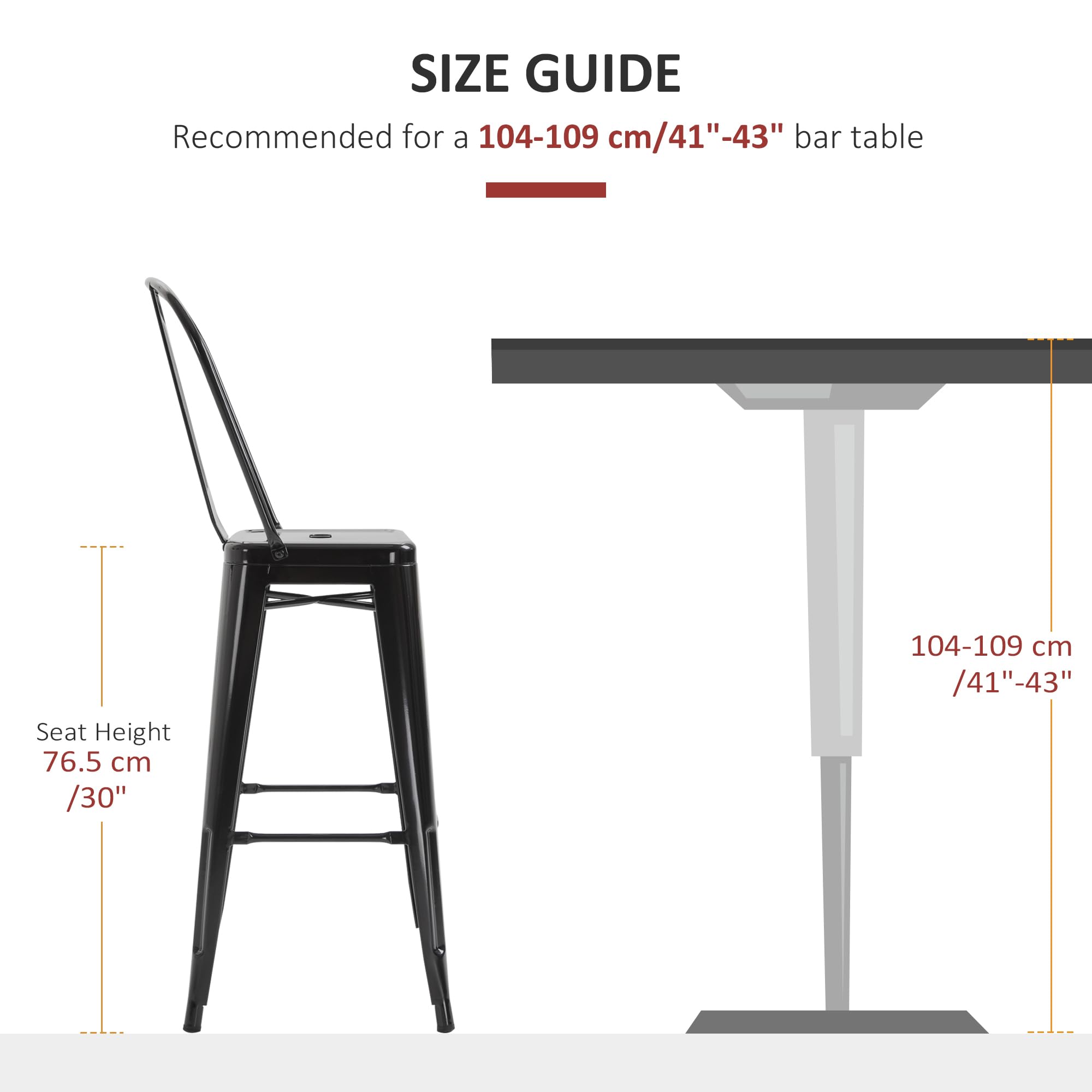 HOMCOM Juego de 4 Taburetes de Bar con Respaldo Alto 44x46x116 cm Negro | Silla de Comedor de Metal, con Reposapiés, para Comedor, Carga 120 kg