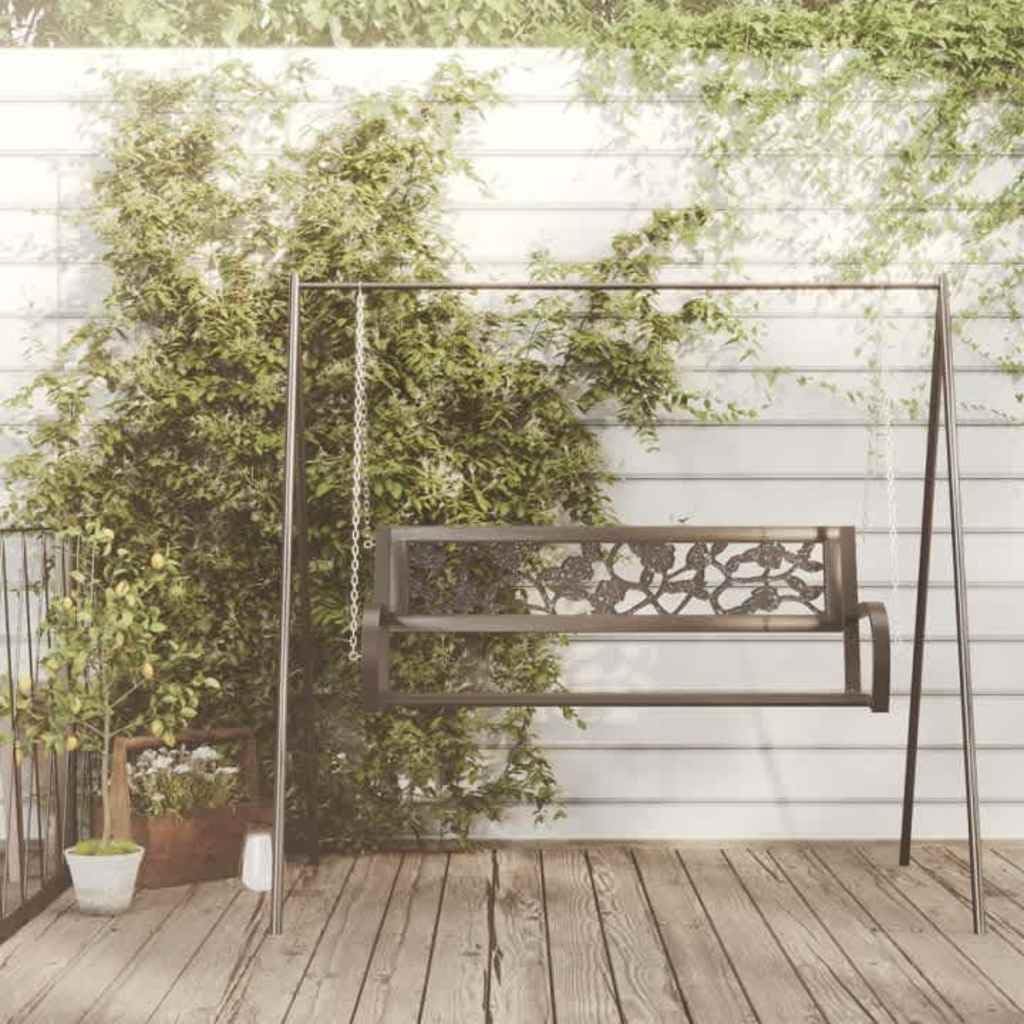 SYDE Banco Columpio de Jardín 125 cm Acero y Plástico Negro | Resistente a la intemperie, reposabrazos amplios, respaldo con estampado de rosas, cadenas incluidas
