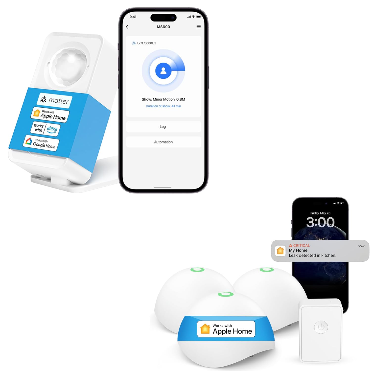 Matter Human Presence Sensor+Meross Smart Water Sensor Alarm 3 Pack
