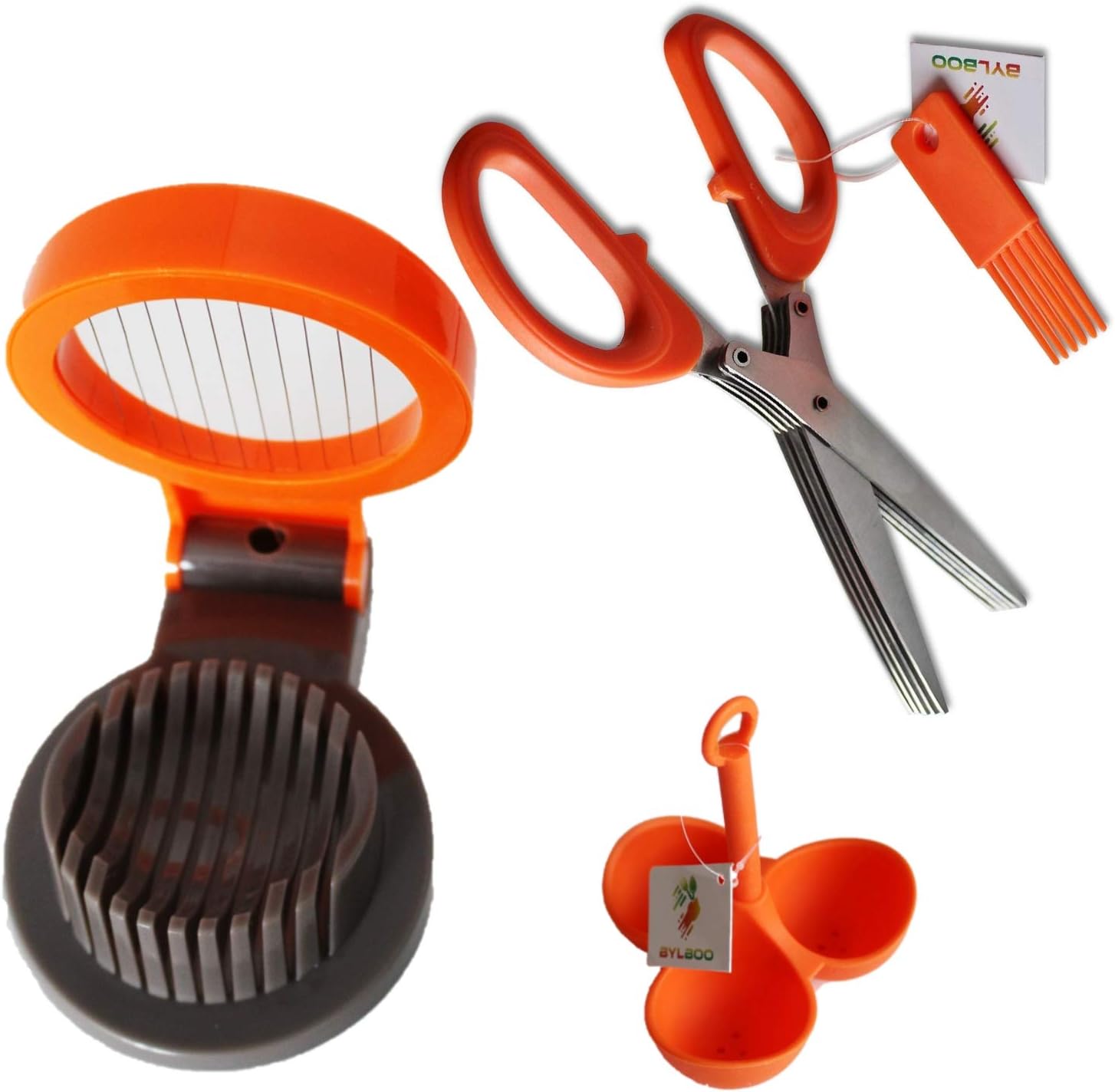 Egg Slicer with 5 Blades Herbs Scissor Set - Bonus Free Egg Holder, Quality Stainless Steel Wires and Blades, Dishwasher Safe - Perfect Kitchen Gadgets which can safely be used by anyone