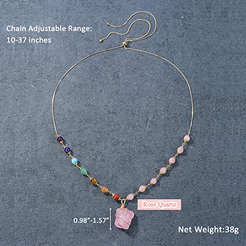 Jovivi Healing Stone Necklaces 7 Chakra Beads Necklace For Women Adjustable 14K Gold Plated Wire Wrapped Raw Rose Quartz Crystal Pendant Necklace Gemstone Jewelry Mothers Day Gift #TOP5