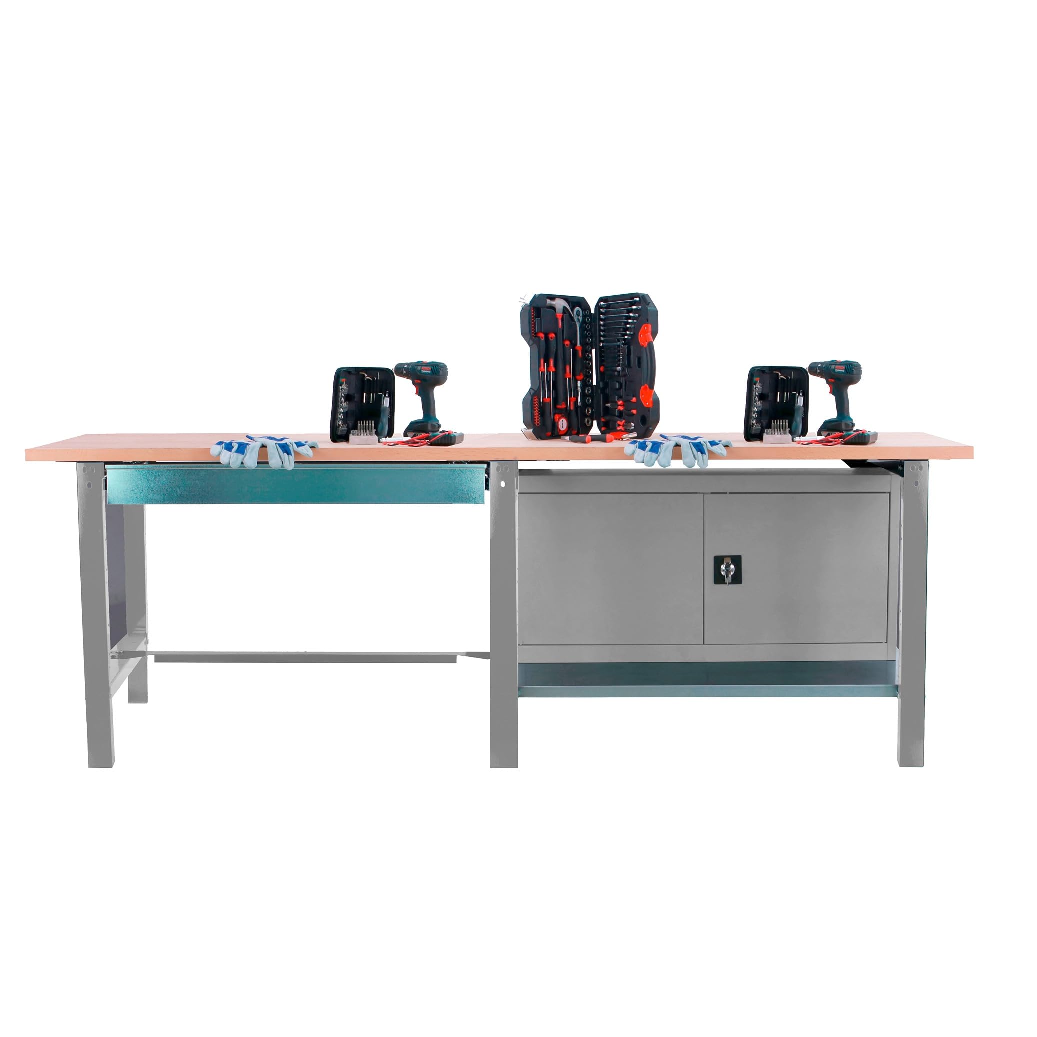 SimonRack Banco de Trabajo Taller Doble, Capacidad Carga 1000 kg, 865x2100x750 mm, 1 Cajón, Guarda Herramientas, Mesa de Trabajo, Gris/Haya - BT6 PRO