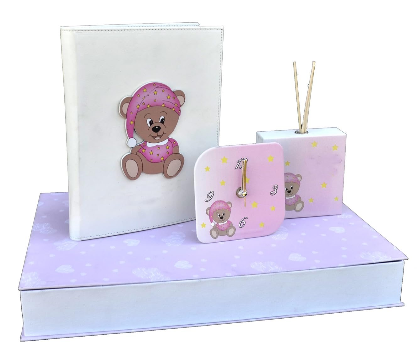 oggettando Willkommen in der Welt: Geschenkset mit Bär mit Tagebuch, Tischuhr und Duftstäbchen für Neugeborene (Rosa)