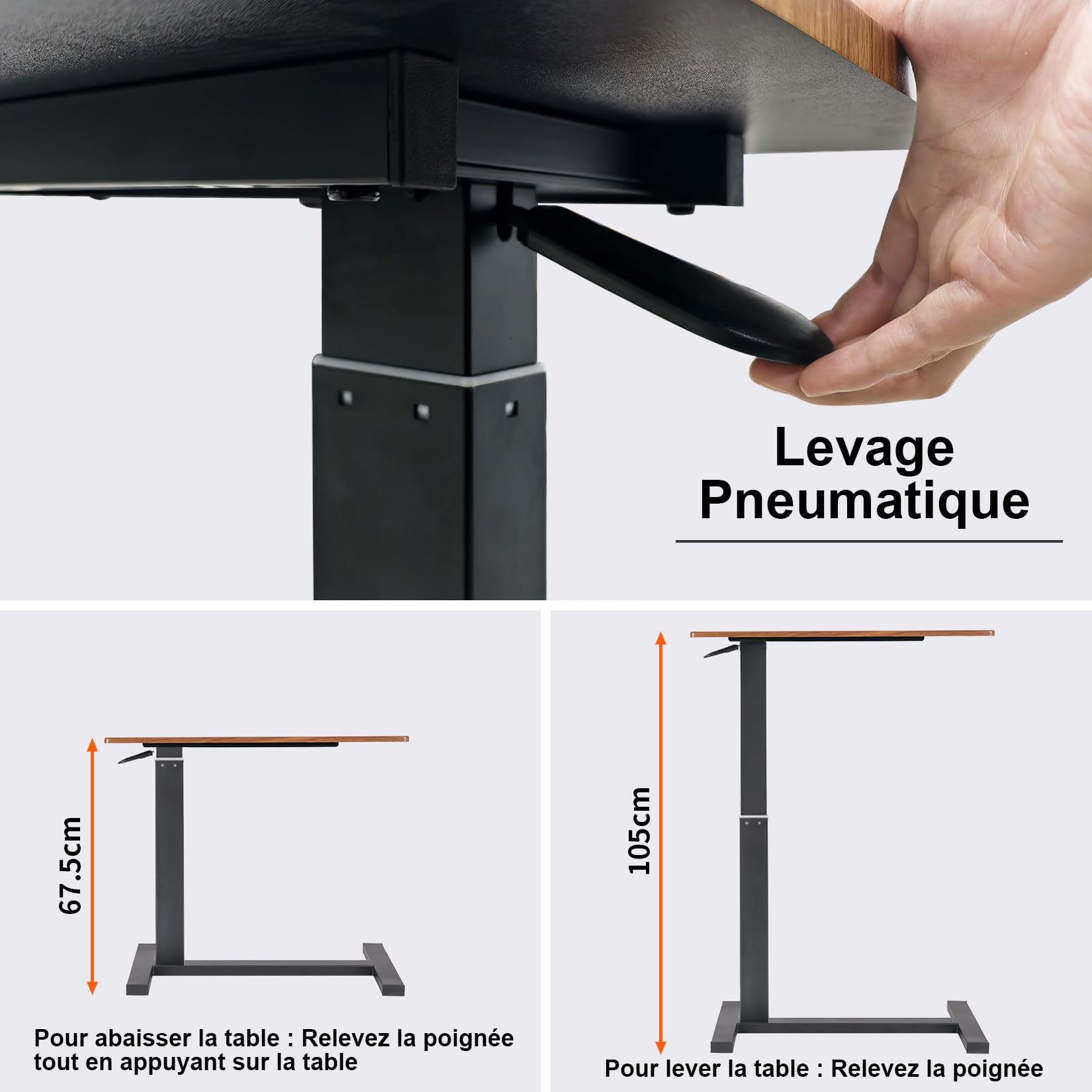 FATIVO Table de Lit à roulettes, Large Table Roulante Réglable en Hauteur de 68 à 105 cm Table pour Lit Médicalisé - Plateau 80x40cm, Vérin Pneumatique, Noir/Chêne